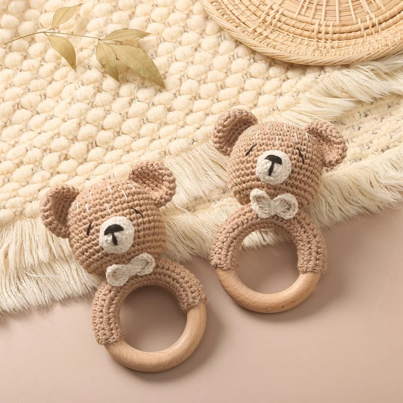 1Pc Baby Wooden Rattle Toys Wooden Teether Ring Crochet Rabbit Music Rattles Soother Bracelet Toddler Toys For Children's Gift